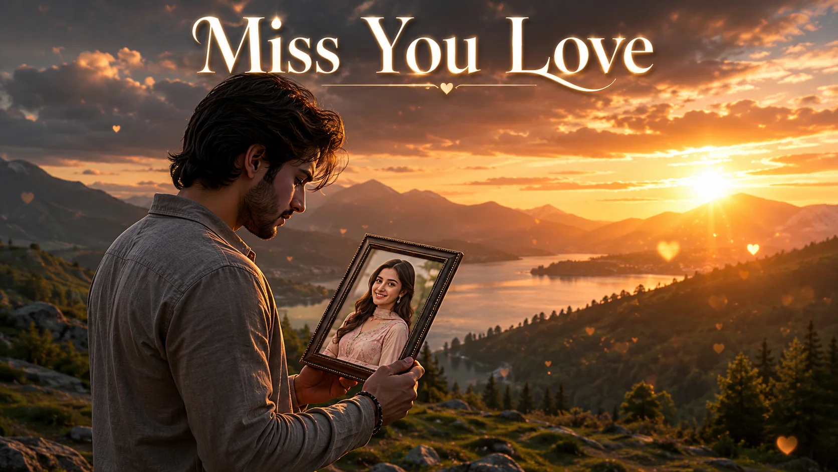 Miss You Love Shayari in Hindi featured image showing a young South Asian man holding a framed photo of his beloved while standing on a scenic mountain at sunset, symbolizing love, distance, memories, and emotional longing.