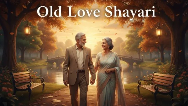 Old Love Shayari in Hindi featured image showing an elderly South Asian couple walking hand in hand through a beautiful autumn park at sunset, symbolizing lifelong love, cherished memories, and everlasting companionship."
