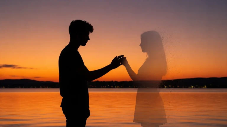 One Sided Love Silhouette of a man holding hands with a fading ghost-like woman at sunset by a peaceful lake, symbolizing love, loss, and memories.