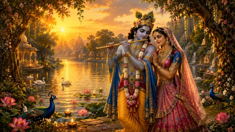 Radha Krishna Love Shayari in Hindi Love Shayari featured image showing Lord Krishna playing the flute with Radha beside the Yamuna River in Vrindavan