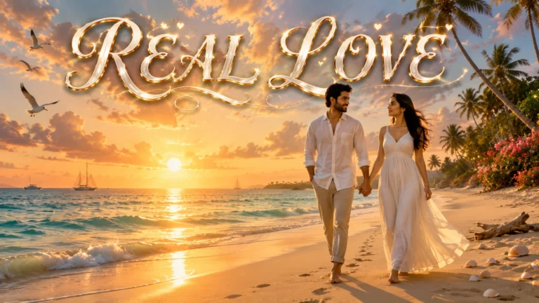 Real Love Shayari in Hindi featured image showing a South Asian couple walking hand in hand barefoot on a peaceful beach at sunrise with the words "REAL LOVE" displayed at the top, symbolizing true love, trust, lifelong companionship, and emotional connection.