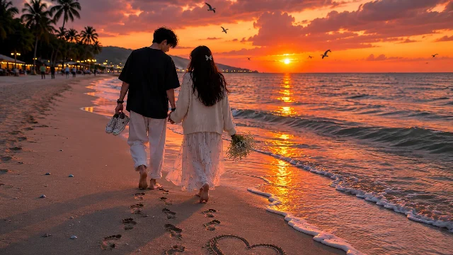 Romantic Love Shayari in Hindi Romantic couple walking hand in hand on a beach at sunset with footprints in the sand, heart shape drawn on the shore, ocean waves, and golden evening sky