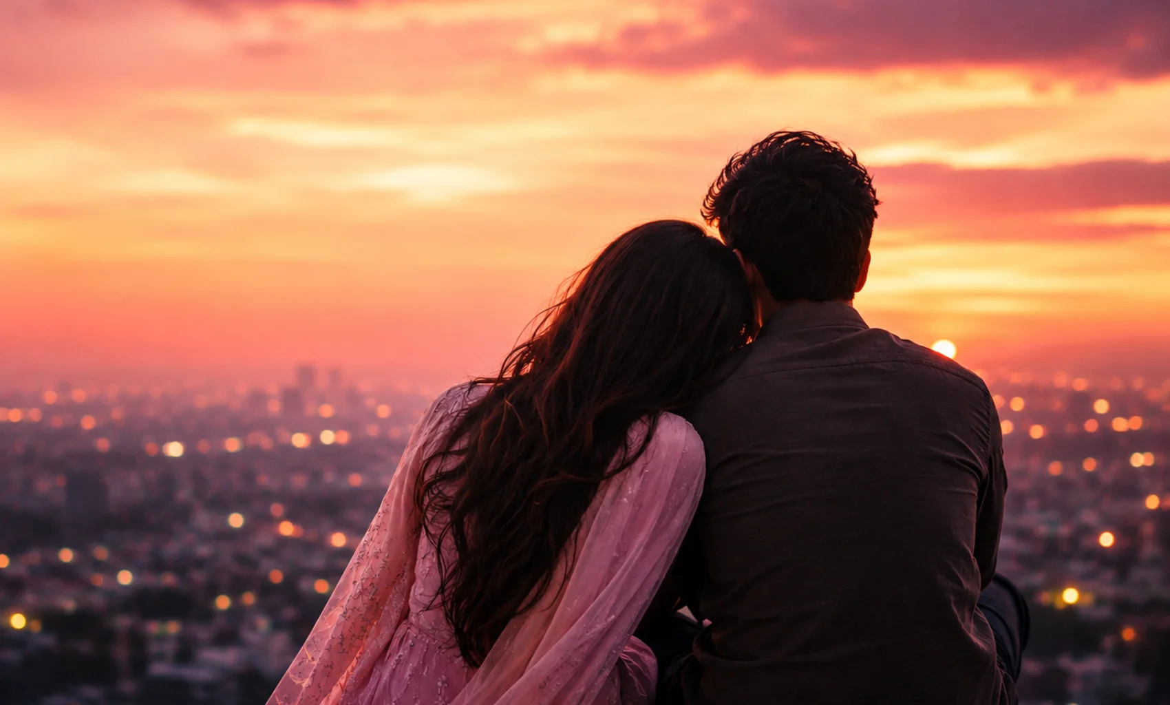 Romantic Love Shayari in Hindi inspired image of a couple sitting together at sunset overlooking a glowing city skyline, expressing deep love, affection, and emotional connection in a beautiful 4K romantic scene.