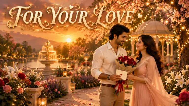 Shayari for Your Love in Hindi featured image showing a romantic South Asian couple exchanging a heartfelt love letter and a bouquet of red roses in a luxurious botanical garden at golden sunset, with elegant "FOR YOUR LOVE" typography in a premium cinematic style.
