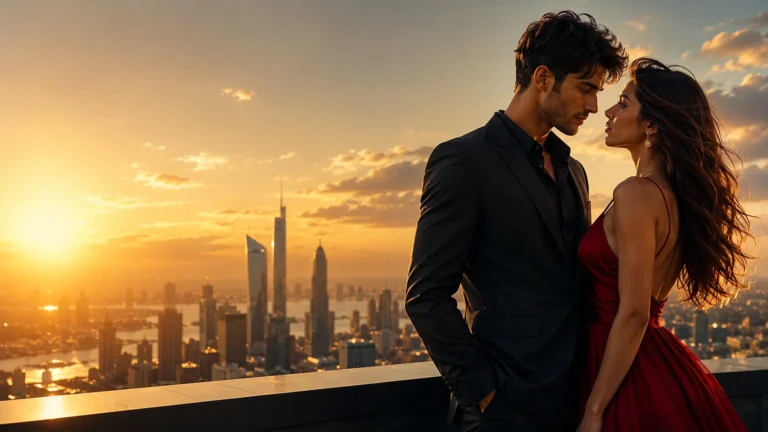 Shayari in Hindi Attitude Love Stylish couple in black suit and red dress sharing an intense romantic moment on a luxury rooftop at sunset with a modern city skyline, representing attitude love and relationship confidence