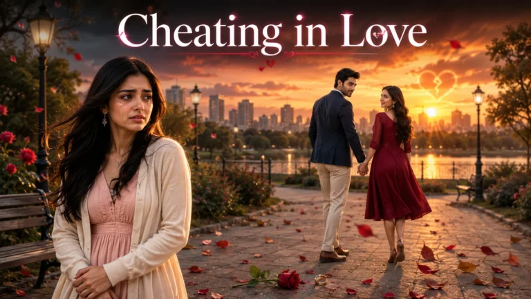 Shayari on Cheating in Love in Hindi – A heartbroken young South Asian woman stands alone in a sunset park while her partner secretly walks away holding another woman's hand, symbolizing betrayal, heartbreak, broken trust, and emotional pain in a cinematic romantic scene.