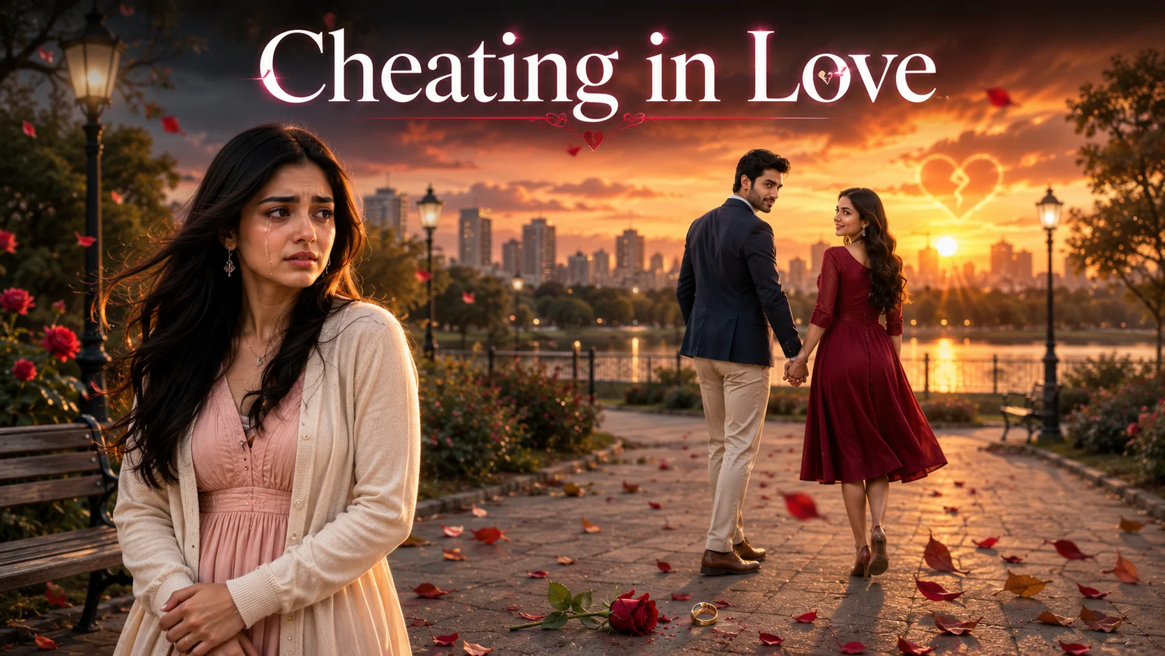 Shayari on Cheating in Love in Hindi – A heartbroken young South Asian woman stands alone in a sunset park while her partner secretly walks away holding another woman's hand, symbolizing betrayal, heartbreak, broken trust, and emotional pain in a cinematic romantic scene.