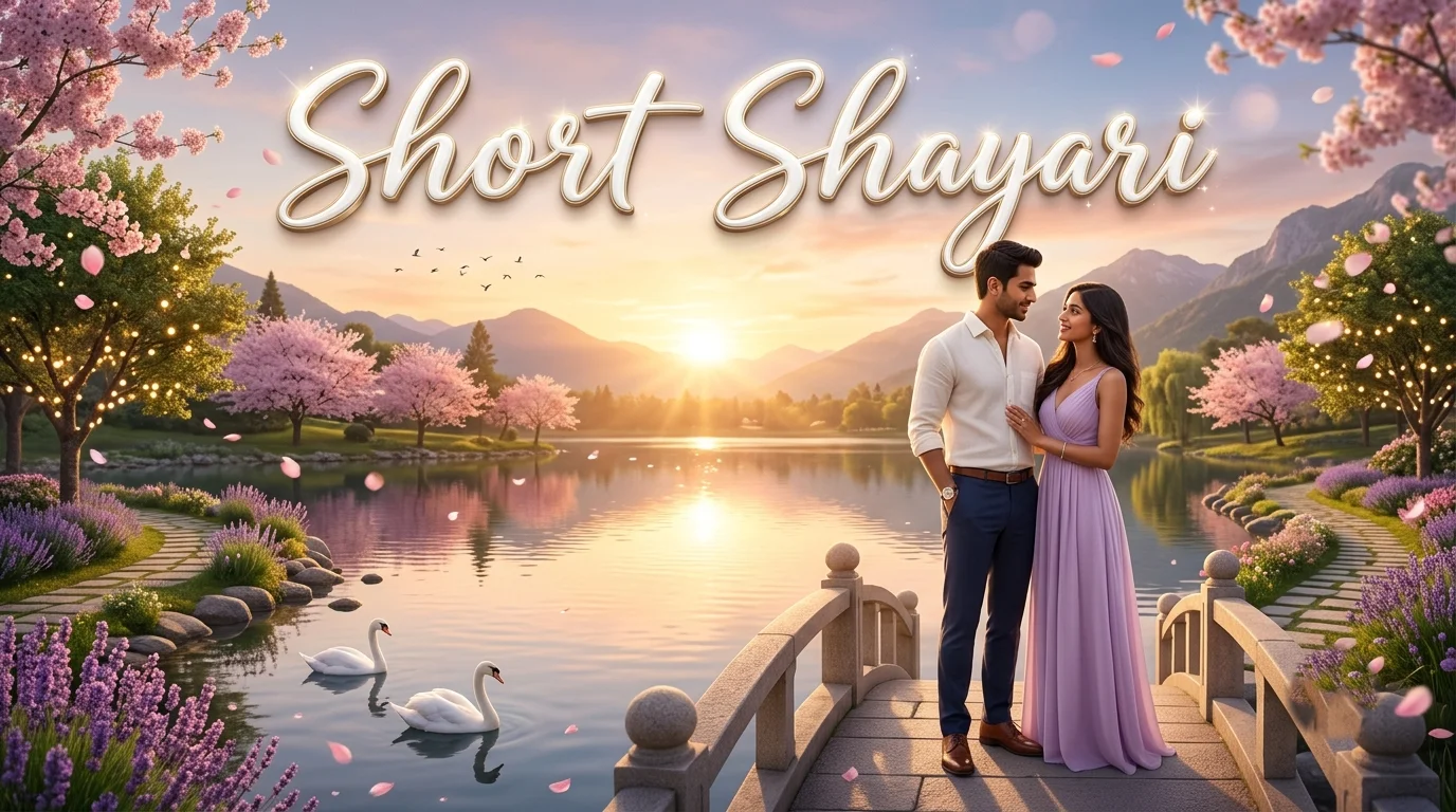 Short Shayari in Hindi Love A romantic South Asian couple in a pastel lavender dress and white shirt standing on a stone bridge at sunset with Short Shayari typography