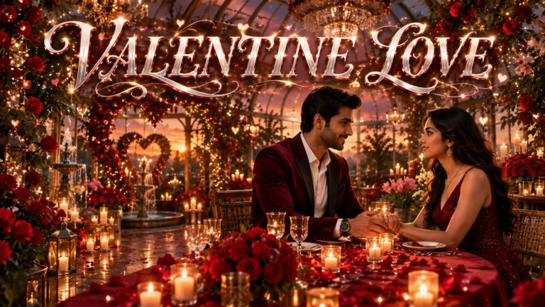 Valentine Shayari for Love in Hindi featured image of a romantic South Asian couple enjoying a candlelight dinner inside a luxurious glasshouse filled with red roses, fairy lights, and elegant "VALENTINE LOVE" typography.