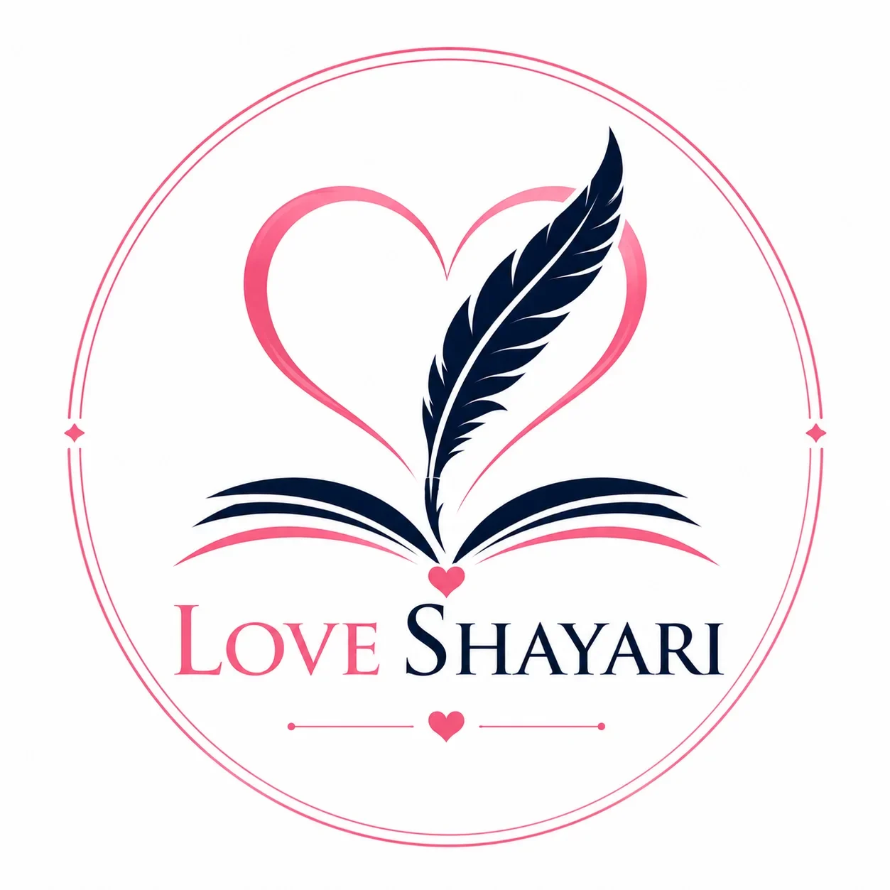 Love Shayari logo featuring a pink heart, open book, and feather pen in a clean minimalist design with a pink and navy blue color scheme on a white background.