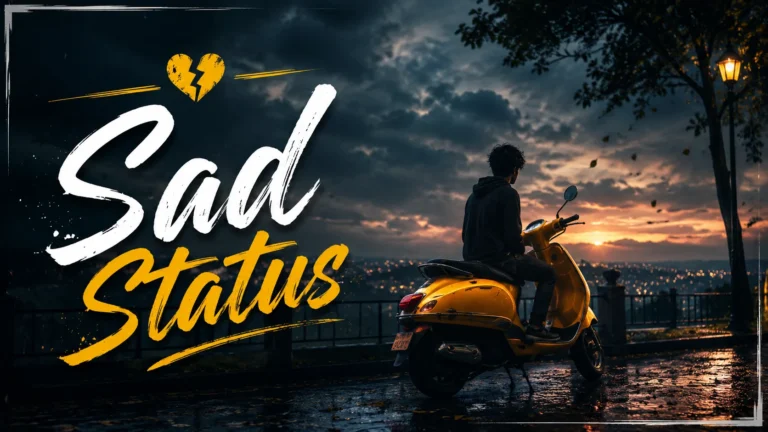 Sad Status feature image featuring a lonely person sitting on a scooter under a dark cloudy sky.