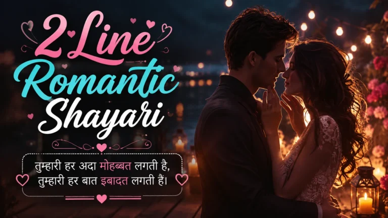2 Line Romantic Shayari featured image showing a couple sharing an intimate romantic moment under warm evening lights with pink and teal typography