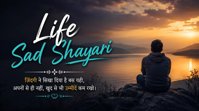 Life Sad Shayari in Hindi feature image featuring a lonely man sitting alone and watching the sunset.
