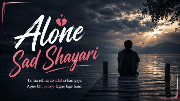 Alone Sad Shayari feature image featuring a lonely person sitting by a lake during sunset.