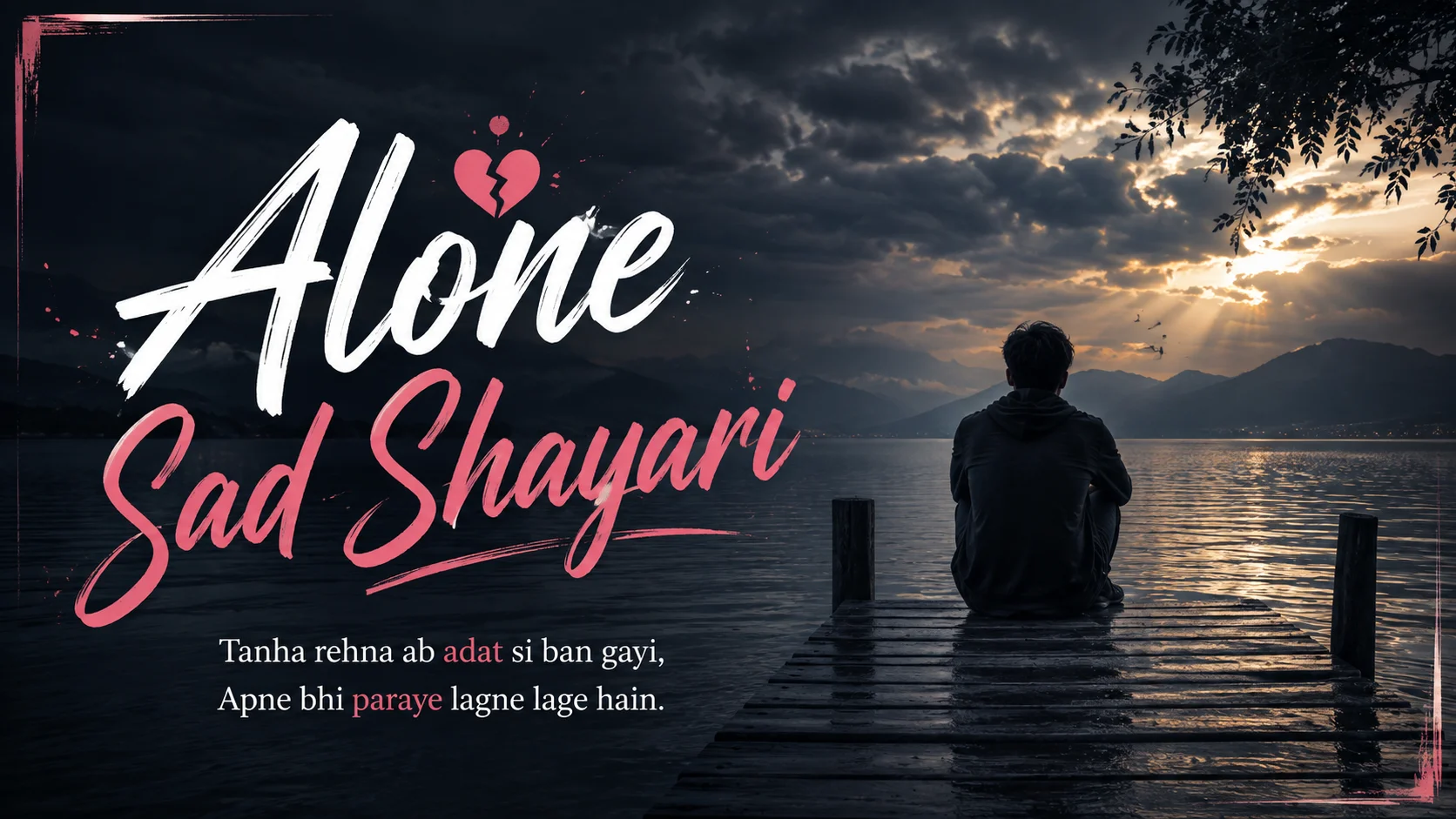 Alone Sad Shayari feature image featuring a lonely person sitting by a lake during sunset.