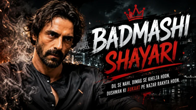 Badmashi Shayari 2 Line featured image showing a stylish bearded man with a cinematic dark city background and bold red-and-white "Badmashi Shayari" typography.