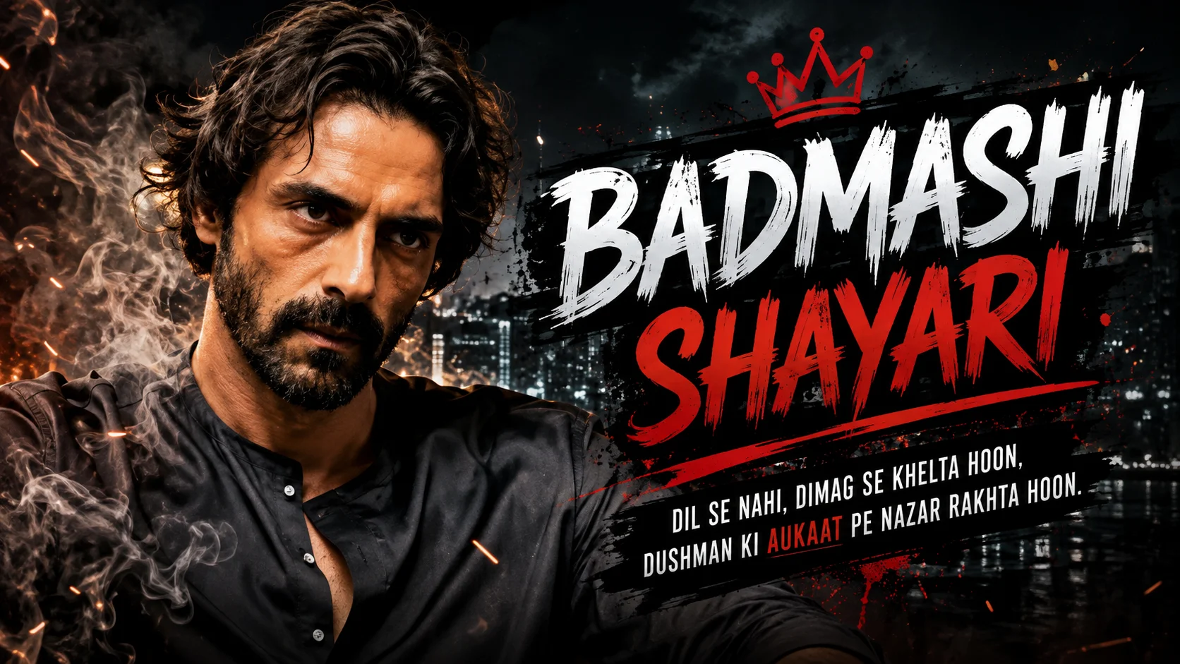 Badmashi Shayari 2 Line featured image showing a stylish bearded man with a cinematic dark city background and bold red-and-white "Badmashi Shayari" typography.