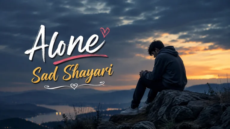 Alone Sad Shayari — a lonely young man sitting on a rocky mountain cliff at sunset, overlooking misty hills and a peaceful valley, with cinematic dark tones and emotional typography