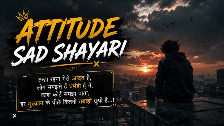 “Attitude Sad Shayari in Hindi featured image showing a lonely person sitting on a rooftop at sunset, overlooking a dark city under dramatic clouds, expressing sadness, loneliness, pain, and a strong attitude