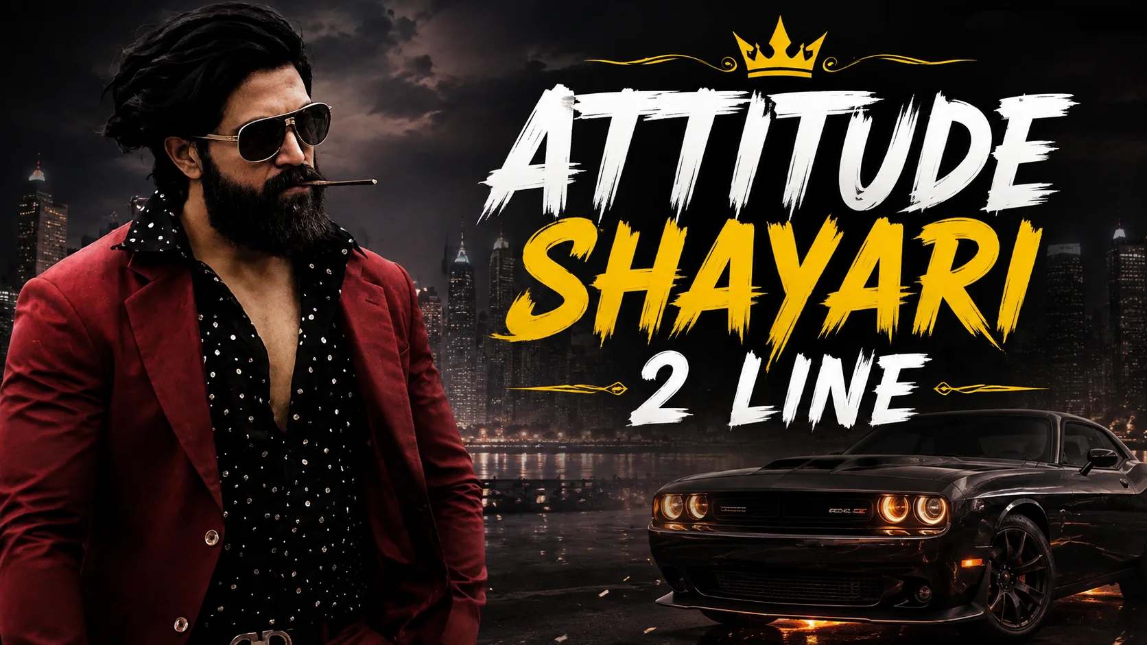 Attitude Shayari 2 Line featuring a stylish bearded man in a red blazer with a luxury car and cinematic city background.