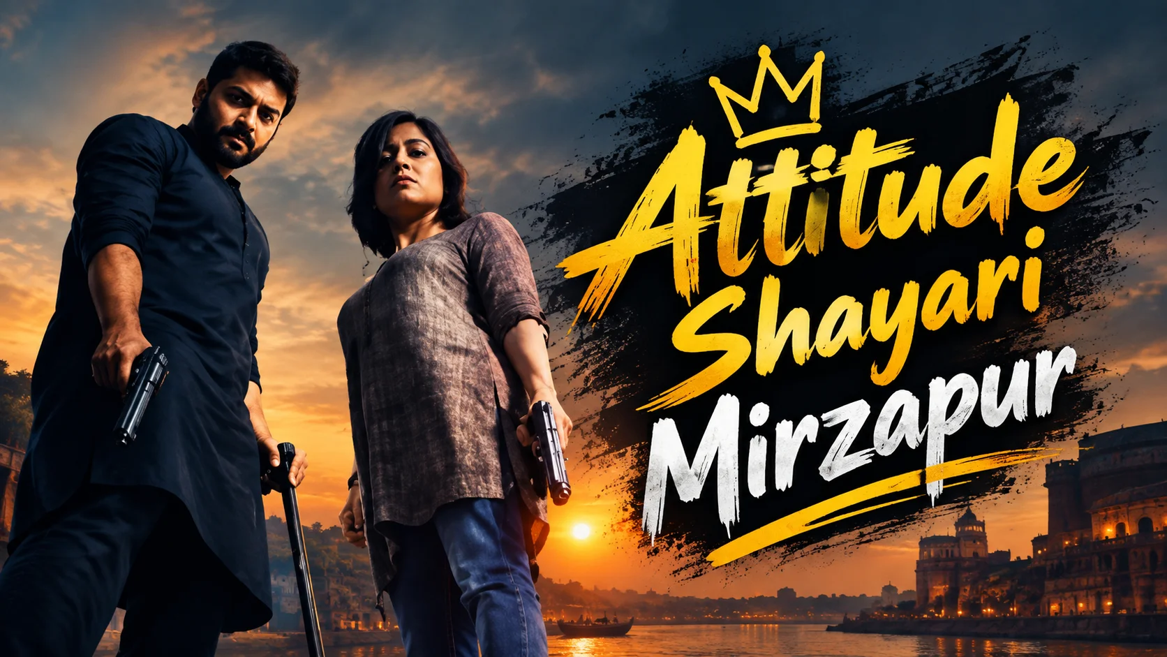 Attitude Shayari Mirzapur featuring two intense characters in a cinematic setting with bold yellow and white graffiti-style text, dramatic sunset background, and a powerful attitude theme.