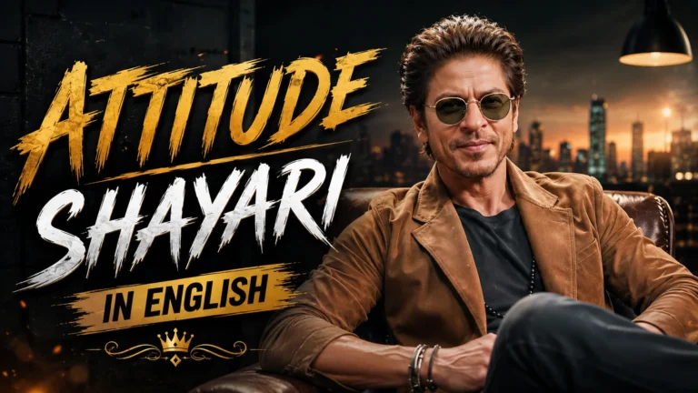 Attitude Shayari in English featured image showing a stylish man in sunglasses sitting confidently with a cinematic city skyline background and bold gold-and-white "Attitude Shayari in English" typography.