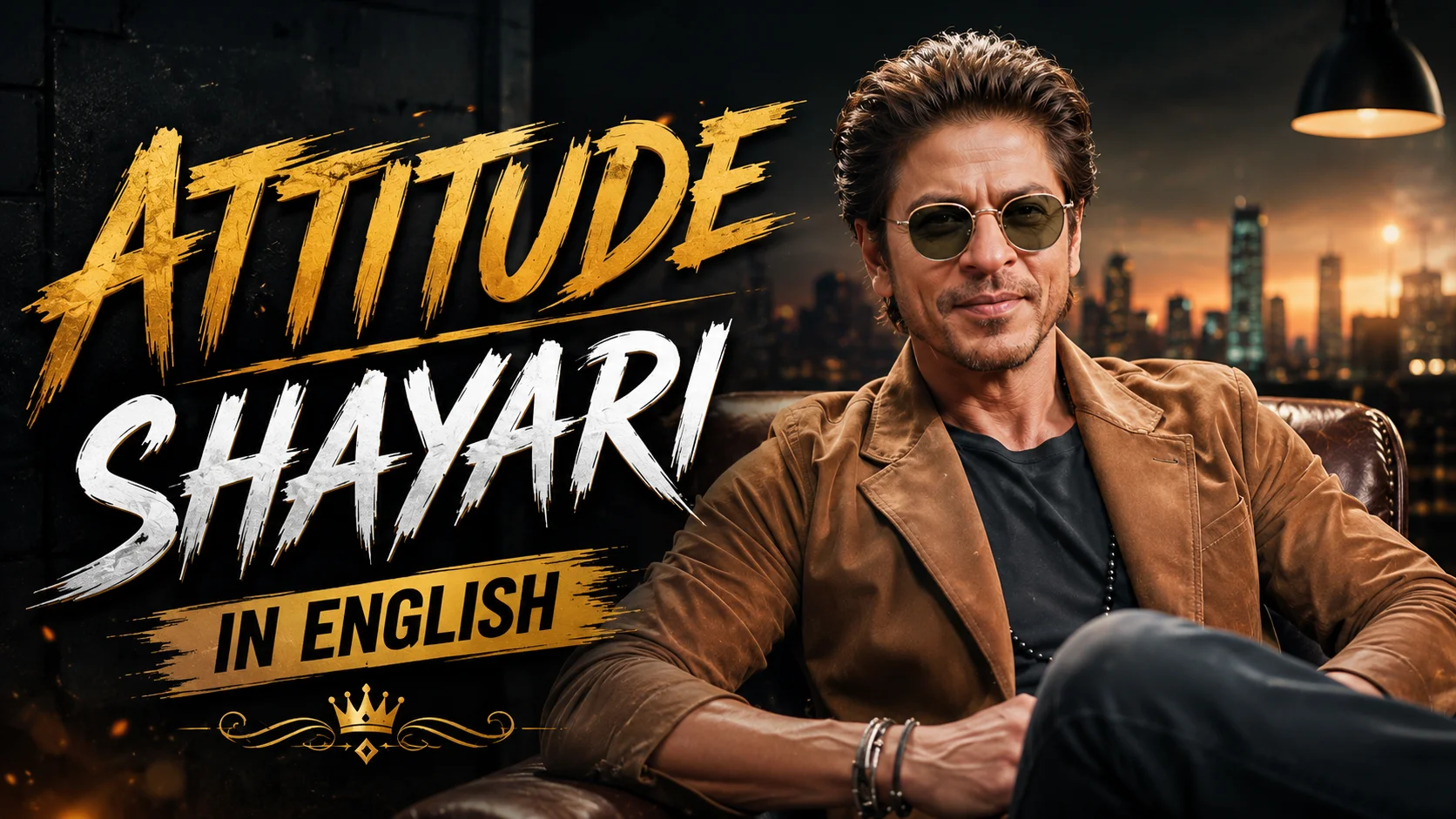 Attitude Shayari in English featured image showing a stylish man in sunglasses sitting confidently with a cinematic city skyline background and bold gold-and-white "Attitude Shayari in English" typography.