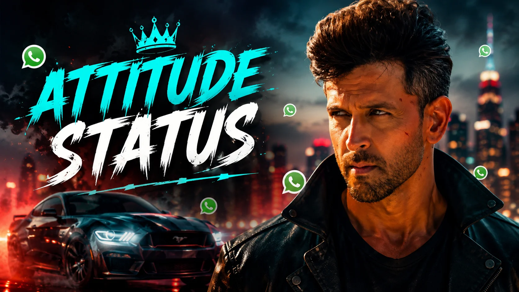 Attitude Status in Hindi featured image showing a stylish man in a black leather jacket with a luxury sports car, cinematic night city background, WhatsApp icons, and bold "ATTITUDE STATUS" typography.
