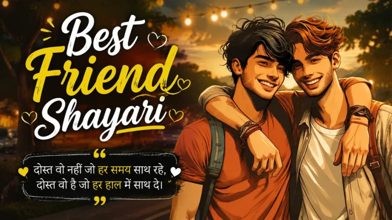 Best Friend Shayari featured image showing two best friends smiling and embracing each other in a warm sunset setting with stylish friendship-themed typography