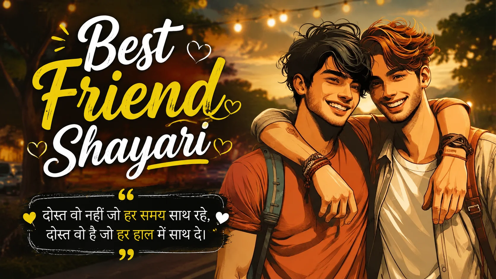 Best Friend Shayari featured image showing two best friends smiling and embracing each other in a warm sunset setting with stylish friendship-themed typography