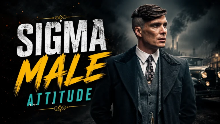 Sigma Male Attitude Shayari feature image with a stylish man in a suit and a dark cinematic background.