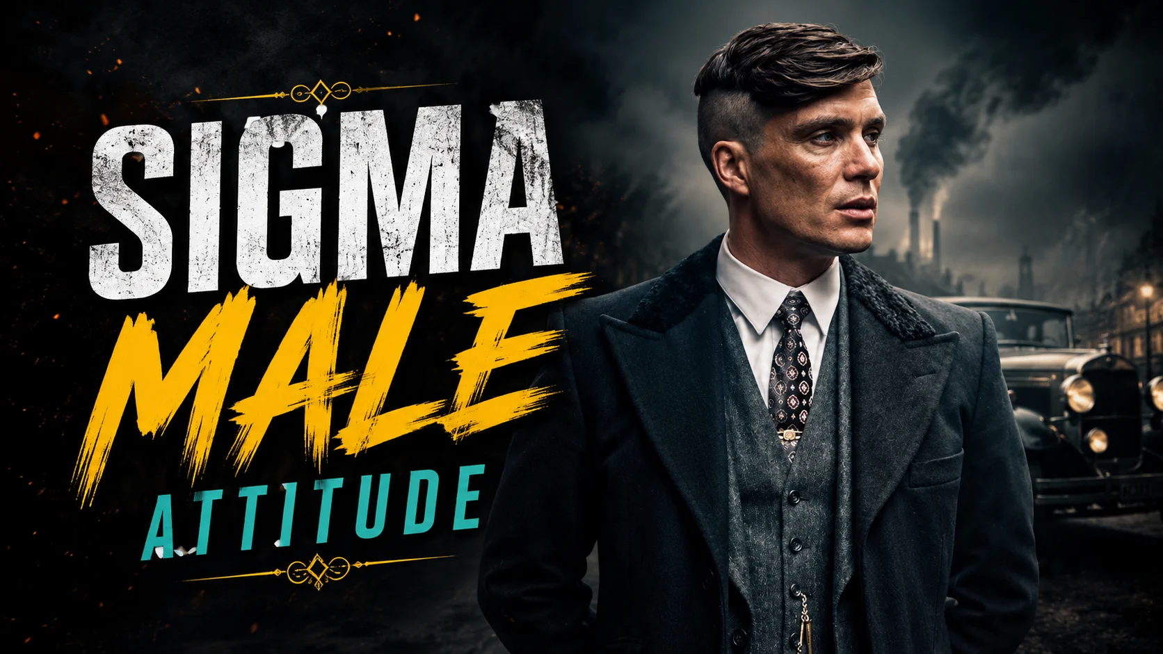 Sigma Male Attitude Shayari feature image with a stylish man in a suit and a dark cinematic background.