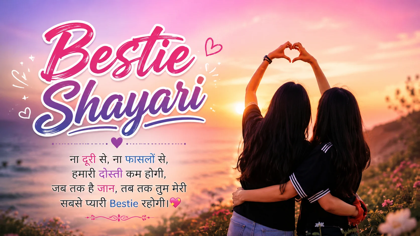 Bestie Shayari in Hindi featuring two best friends embracing and forming a heart shape at a beautiful sunset
