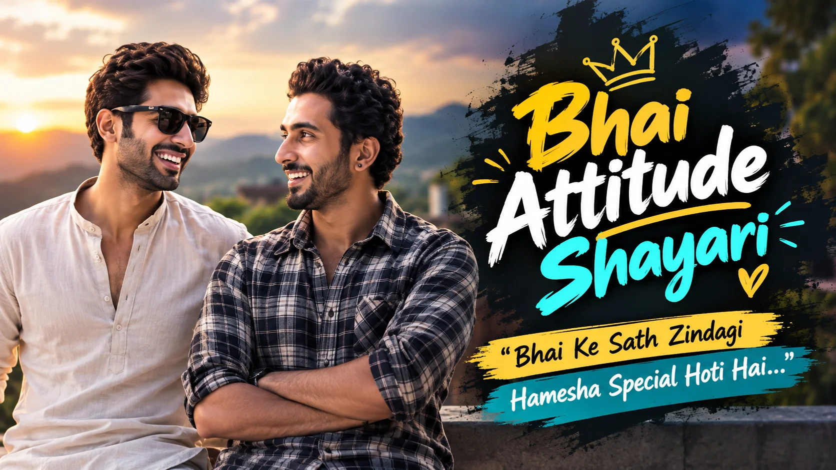 Bhai Attitude Shayari 2 Line featuring two smiling friends together at sunset, with a stylish black brush background and bold yellow, white, and blue typography.