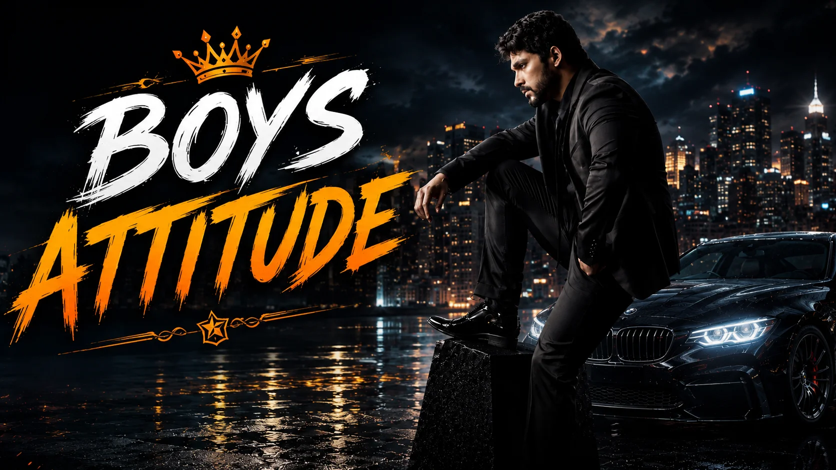Boys Attitude featured image showing a stylish young man in a black suit posing beside a luxury black sports car against a cinematic night city skyline with bold "BOYS ATTITUDE" typography.