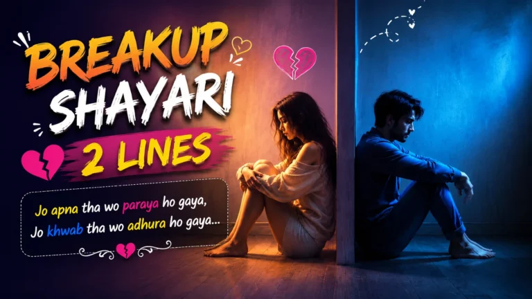 Breakup Shayari 2 Lines featured image showing a sad couple sitting apart on opposite sides of a wall, with warm and cool lighting, broken-heart symbols, and emotional shayari text.