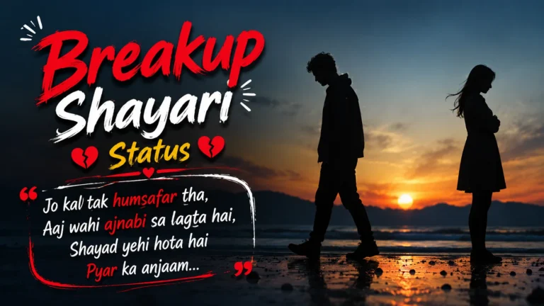 Breakup Shayari Status featured image showing a couple walking away from each other at sunset, with a broken-heart symbol, emotional shayari text, and a dramatic romantic background.