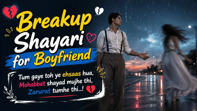Breakup Shayari for Boyfriend featured image showing a heartbroken man reaching toward a woman walking away on a rainy road, with broken-heart symbols and emotional shayari text.