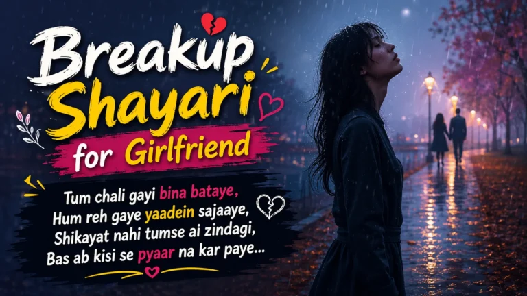 Breakup Shayari for Girlfriend featured image showing a sad woman standing in the rain as a couple walks away in the background, with emotional shayari text, broken-heart symbols, and a dark romantic evening setting.