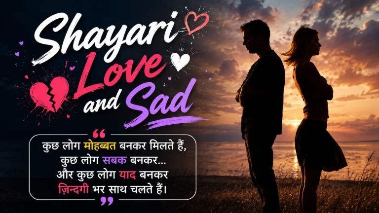 Shayari Love and Sad featured image showing a couple standing back-to-back at sunset, expressing heartbreak, loneliness, lost love, and deep emotional pain.