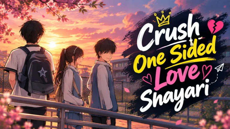 Crush One Sided Love Shayari featuring three anime-style school friends in a love triangle at sunset, with cherry blossoms, a warm romantic background, and bold colorful brush-style typography.