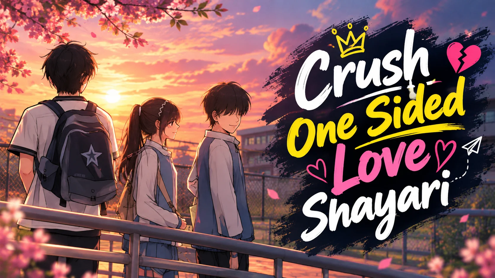 Crush One Sided Love Shayari featuring three anime-style school friends in a love triangle at sunset, with cherry blossoms, a warm romantic background, and bold colorful brush-style typography.