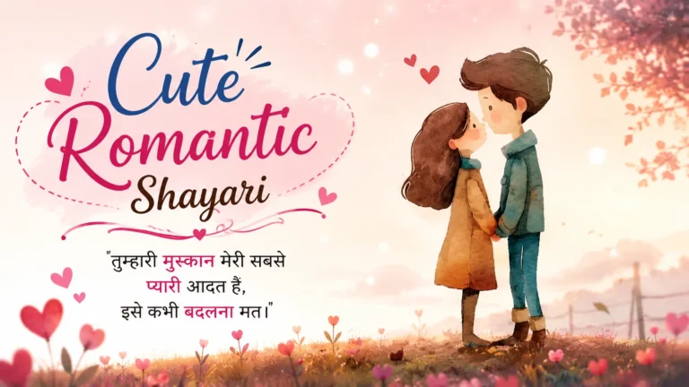 Cute Romantic Shayari featuring a cartoon couple holding hands in a dreamy pastel romantic setting with hearts and flowers.