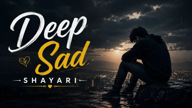 Deep Sad Shayari featured image showing a lonely young man sitting alone on a rocky cliff under a dark rainy sky, overlooking distant city lights, with dramatic Deep Sad Shayari typography expressing sadness, loneliness, heartbreak, and emotional pain