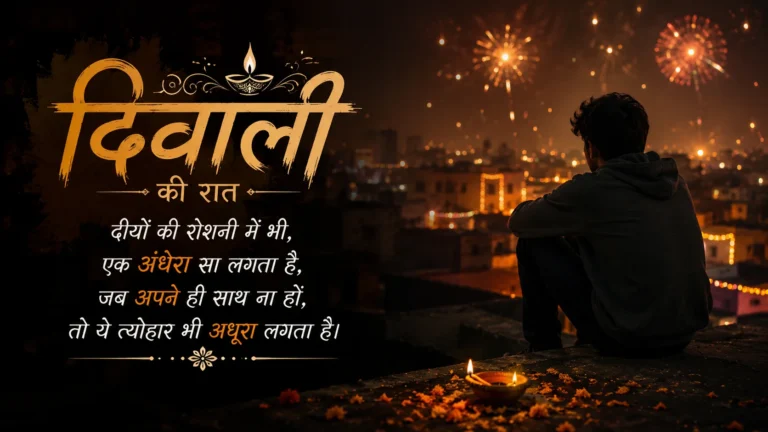 Diwali Sad Shayari in Hindi — दिवाली की रात आतिशबाजी और दीयों की रोशनी के बीच अकेले बैठे व्यक्ति की भावुक तस्वीर, जिसमें उदासी और अधूरेपन को दर्शाती हिंदी शायरी लिखी गई है।