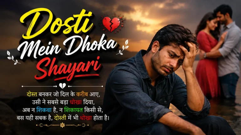 Dosti Mein Dhoka Shayari featuring a heartbroken man with a couple in the background and an emotional betrayal quote