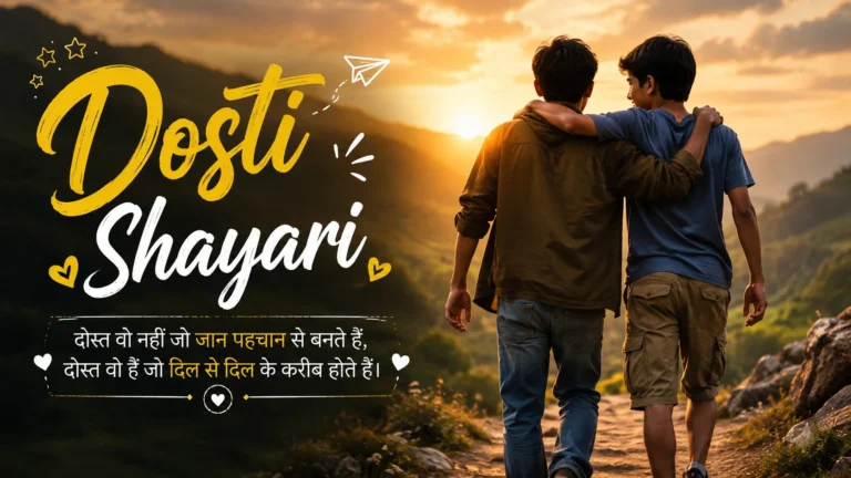 Dosti Shayari featured image showing two close friends walking together with arms around each other on a scenic mountain path at golden sunset