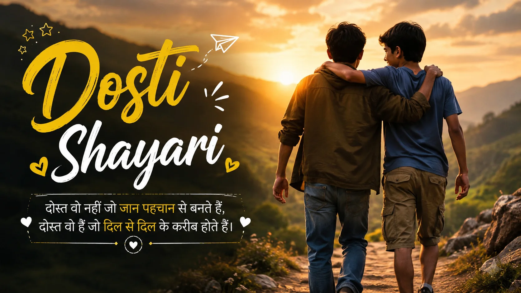 Dosti Shayari featured image showing two close friends walking together with arms around each other on a scenic mountain path at golden sunset