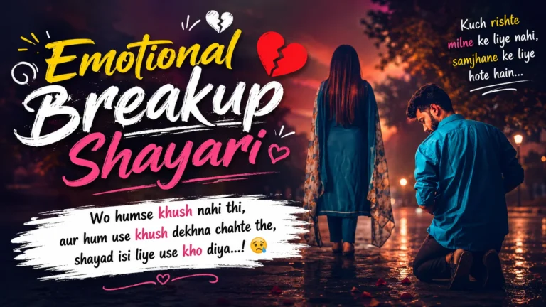 Emotional Breakup Shayari featured image showing a heartbroken man kneeling as a woman walks away, with broken hearts, emotional Hindi shayari text, and a dramatic evening background.