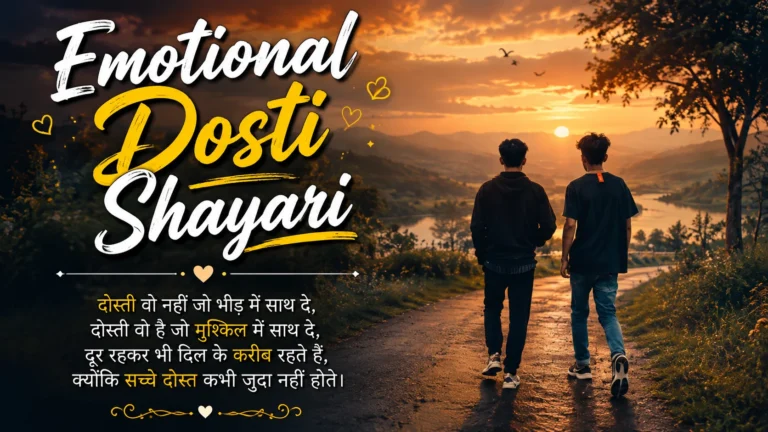 Emotional Dosti Shayari featuring two best friends walking together on a scenic sunset path with an emotional friendship quote